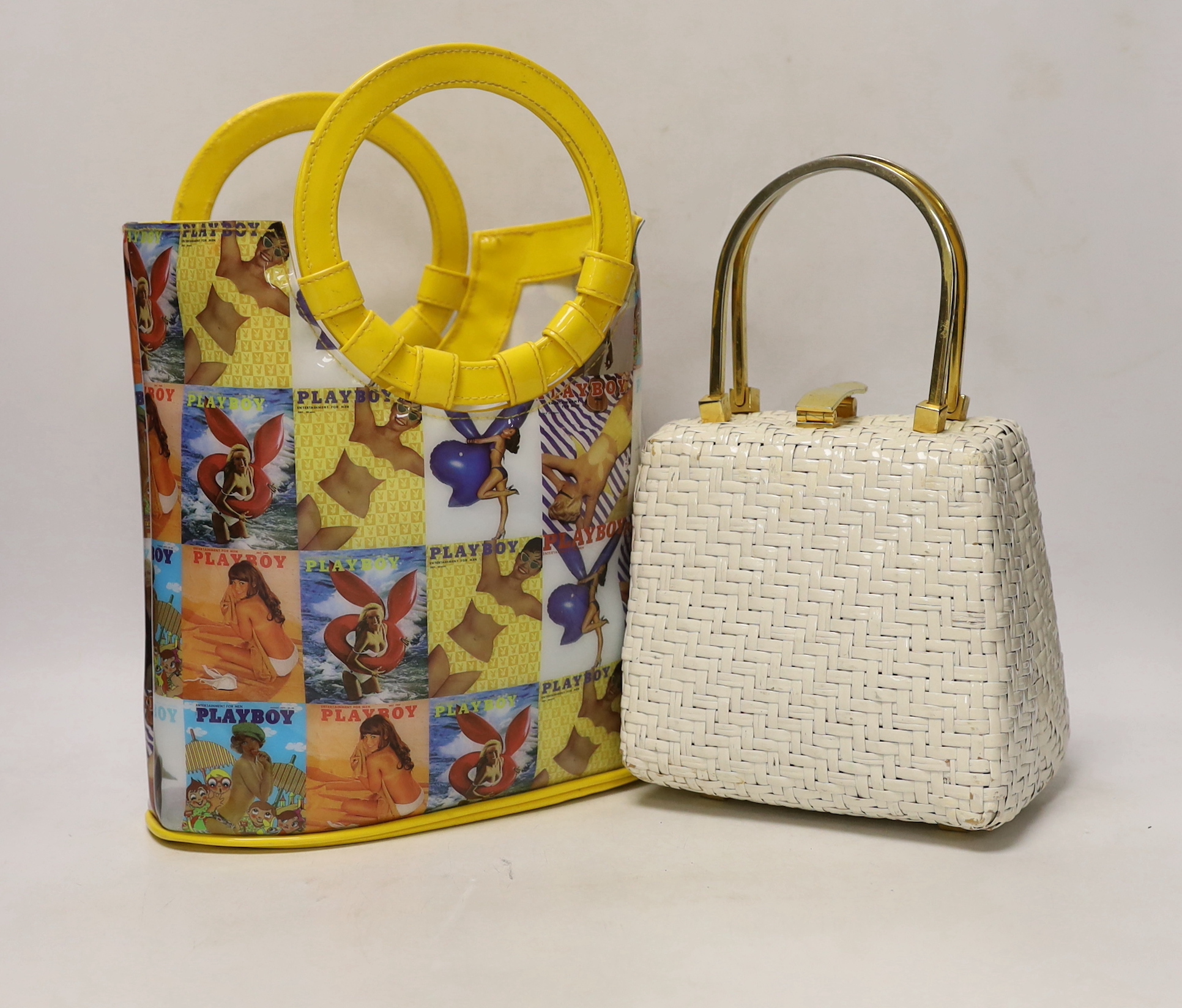 A Mary Quant shirt, a London 1948 scarf, a Rhodes scarf, 1960's handbag and a Bunny Club bag